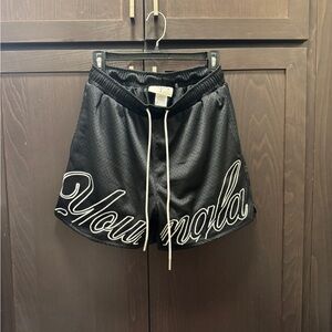 YoungLA Men’s Black Mesh Drawstring Shorts with White Print